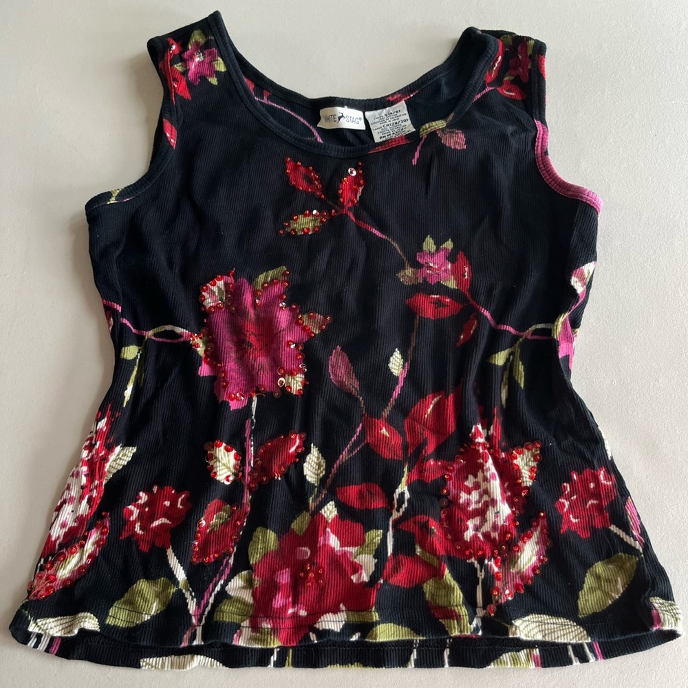 WHITE STAG Y2K Vintage Black and Floral Rib Knit Tank Top